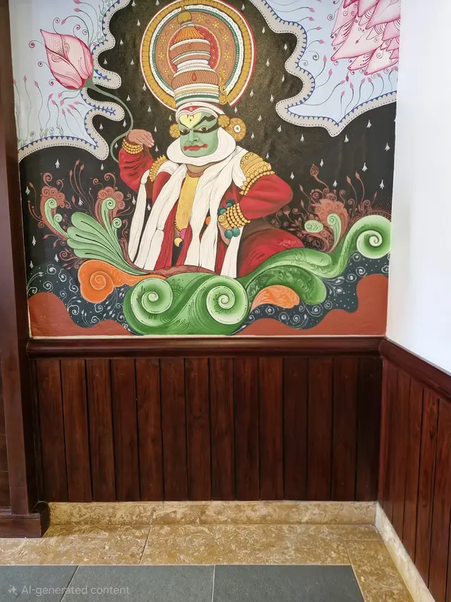 A colourful Kathakali mural painted on a wall above wooden panelling